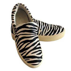 J/SLIDES Black + White Zebra Print Calf Hair Upper Platform Slip-On Sneakers 8.5